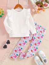 Girls 2pc, Flutter Trim Long Sleeve Pullover + Flora Pants Kids Clothes For Spring Fall