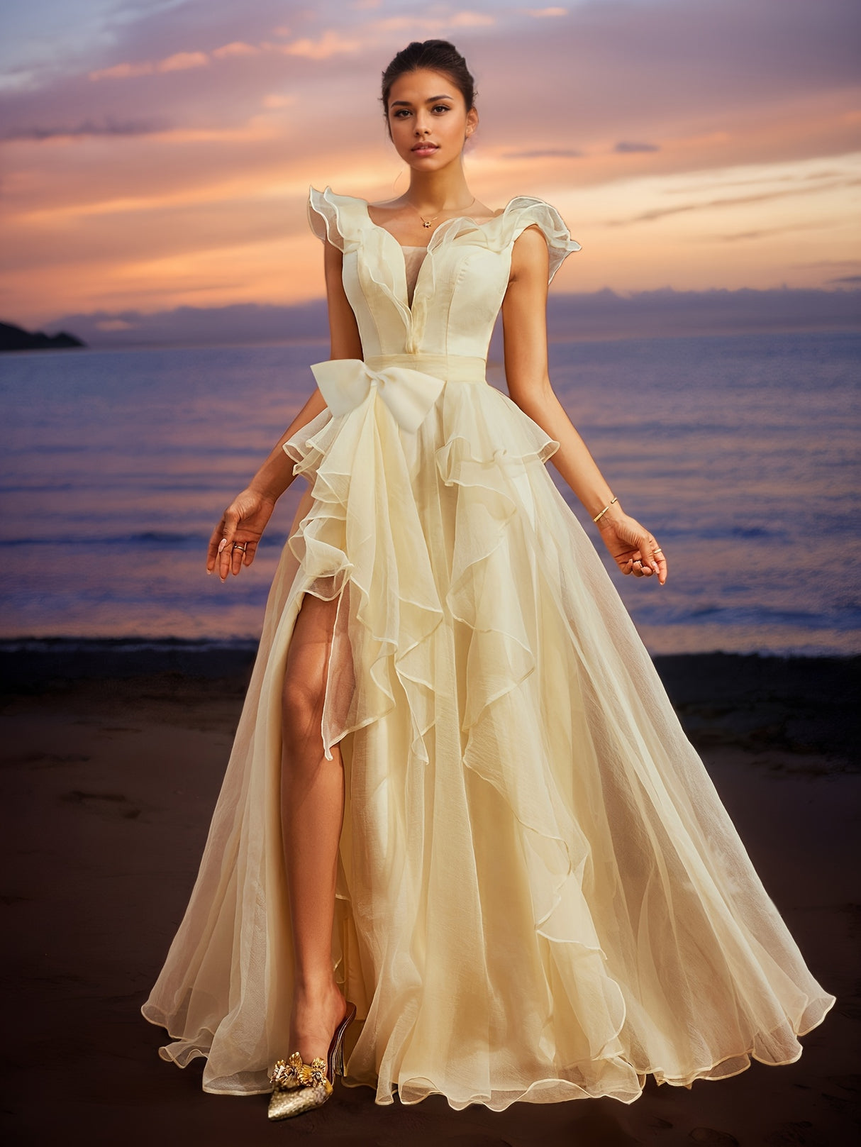 Elegant Off-Shoulder Ruffle Trim Gown with Bow Detail - Deep V-Neck, Backless Design, High Slit Mesh Evening Dress for Women, Perfect for Parties, Banquets, and Formal Events, Party Dress | Offshoulder Gown | Hemline Accent,