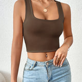 Chic Square Neck Crop Top for Women - Versatile, Medium Stretch, Non-Sheer Casual Wear, Perfect Year-Round Fashion