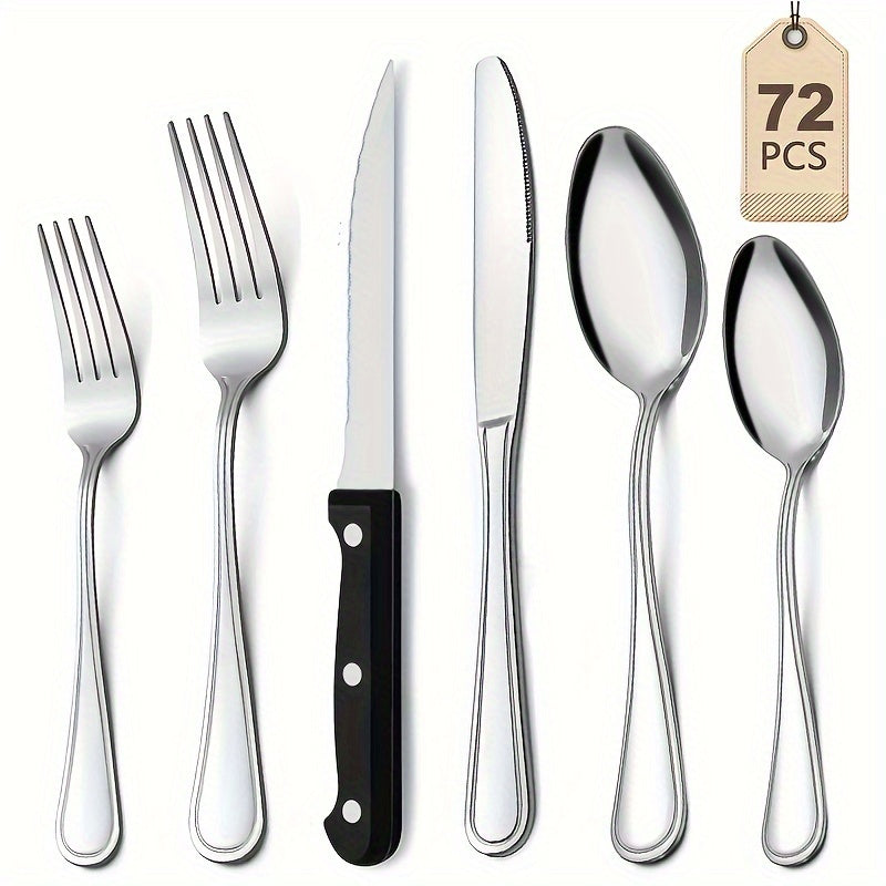 48/72pcs Silverware Set, Including Steak Knife, Premium Stainless Steel Cutlery Set, Knife, Spoon, And Fork Set, Dishwasher Washable, Stylish Design
