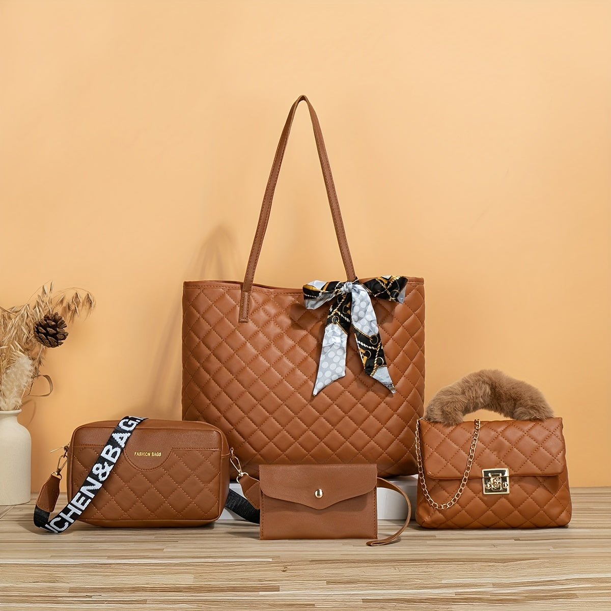 Quilted Detail Tote Bag Set: Classic Shoulder Chain Bag, Crossbody Purse with Scarf Decor