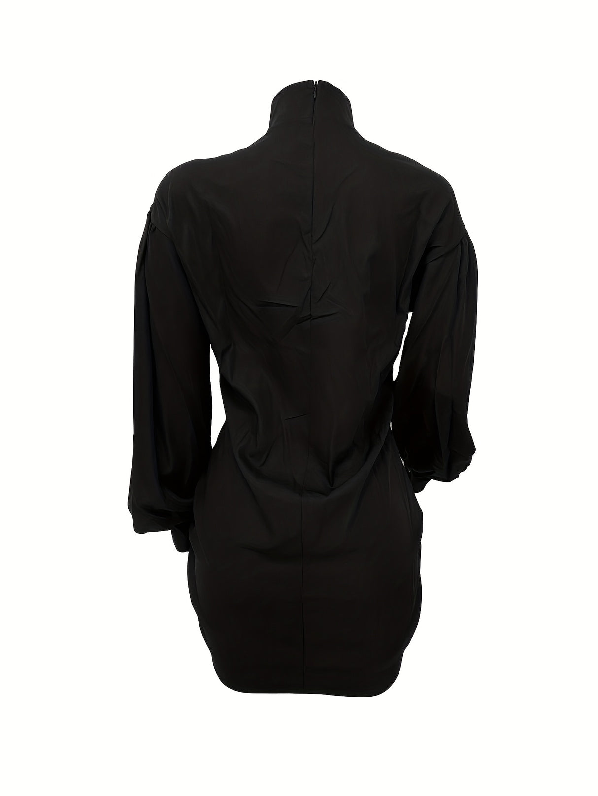 Elegant Polyester Bodycon Dress for Women - Spring/Summer Crew Neck Solid Color with Lantern Sleeves and Drawstring Detail