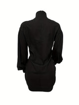 Elegant Polyester Bodycon Dress for Women - Spring/Summer Crew Neck Solid Color with Lantern Sleeves and Drawstring Detail