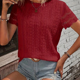Spring/Fall Elegance: Embroidered Crew Neck Cap Sleeve Top for Women - Semi-Sheer, Easy Care, Durable Fabric