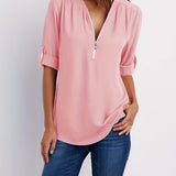 Solid V Neck Blouse, Casual Ruched Rollable Sleeve Half Zip Blouse, Women's Clothing