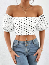Vintage Chic Polka-Dot Print Tie-Back Crop Blouse - Women's Off Shoulder Crop Tops for Spring & Summer - Breathable, Lightweight, Comfortable, Relaxed Fit Clothing