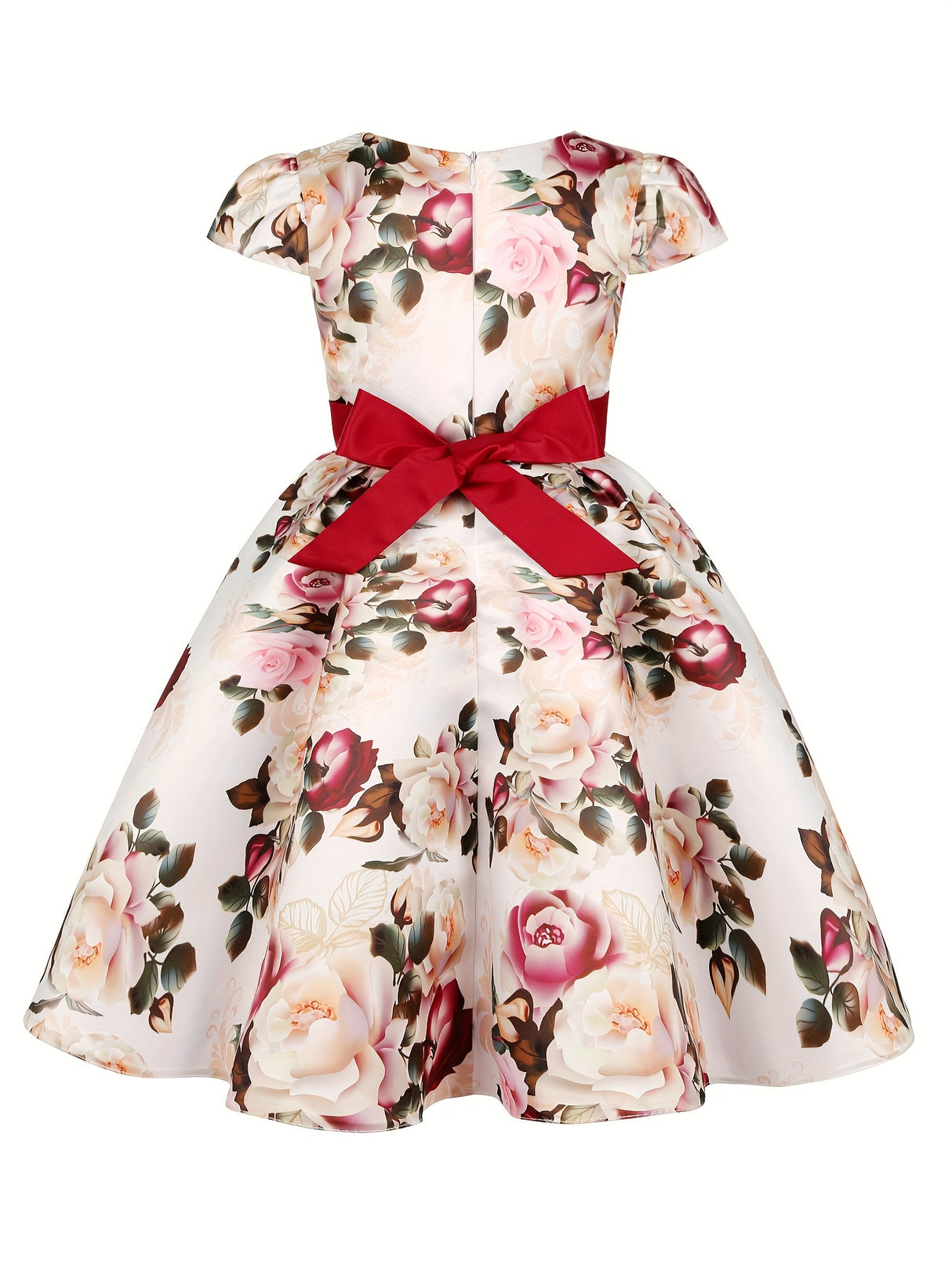 Girls Elegant Floral Pattern Dress Short Sleeves Dresses Kids Clothes For Winter Fall Christmas Gift Party