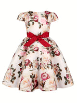 Girls Elegant Floral Pattern Dress Short Sleeves Dresses Kids Clothes For Winter Fall Christmas Gift Party