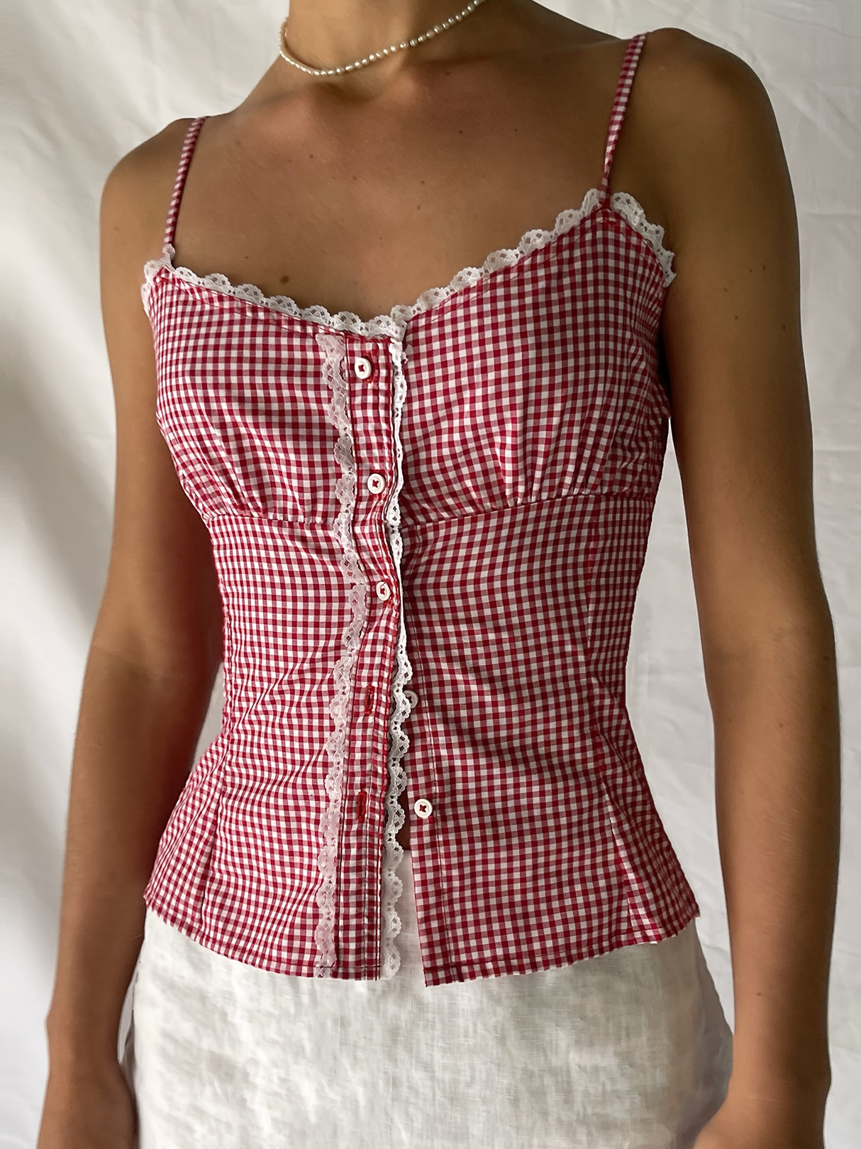 Women'S Lace Trim Camisole Fitted Plaid Sweetheart Neck Button Spaghetti Strap Crop Tops for Summer