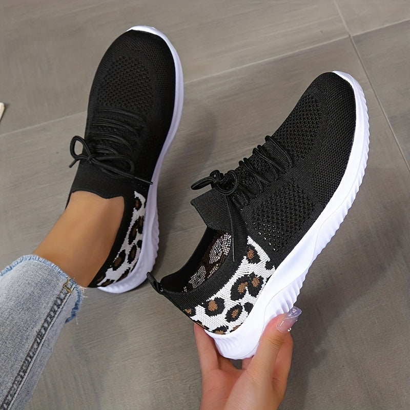 Women's Leopard Knit Sports Shoes, Breathable Lace Up Low Top Running Shoes, Casual Walking Tennis Sneakers
