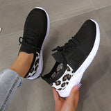 Women's Leopard Knit Sports Shoes, Breathable Lace Up Low Top Running Shoes, Casual Walking Tennis Sneakers