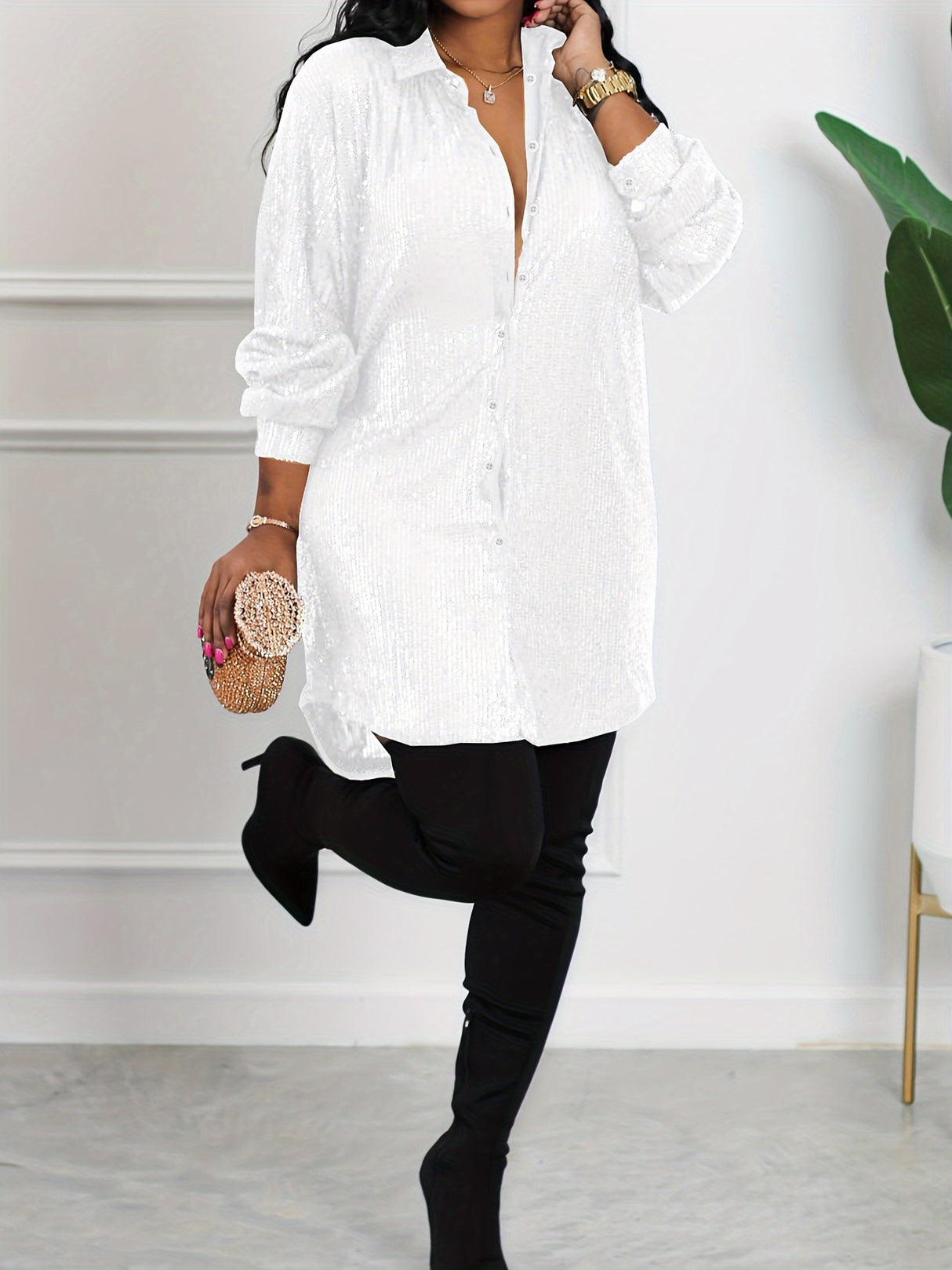 Plus Size Glamour - Sequined, Long Sleeve, Turn Down Collar, Button Up Shirt Dress for Women - Perfect for Party, Evening, and Formal Occasions