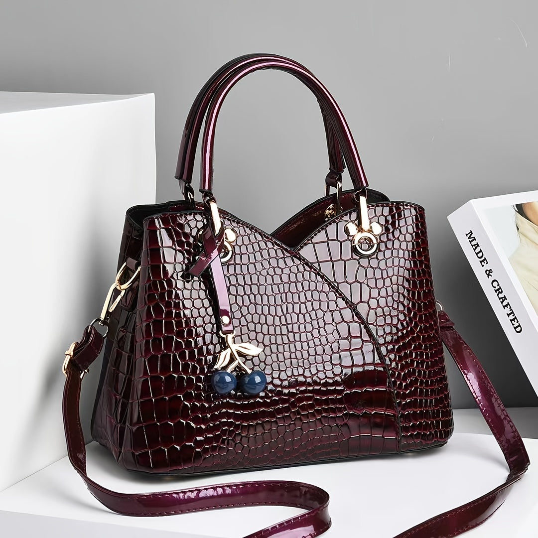 2022 Newest Trendy Women'S Faux Crocodile-Texture Handbag with Cherry Pendant - Stylish Black And Red Shoulder And Handbag, Zip Closure, Polyester Lining, Edge Paint Detail, Handbag|Chic Handbag|Zippered Bag