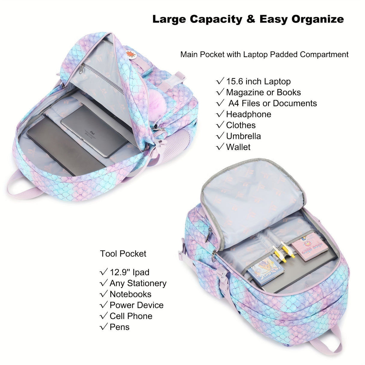 Girls Backpack, 15.6 Inch Laptop School Bag Large Primary Elementary Middle College Bookbags Kids Backpacks for Teens Girls Women Students Anti Theft Travel Daypack