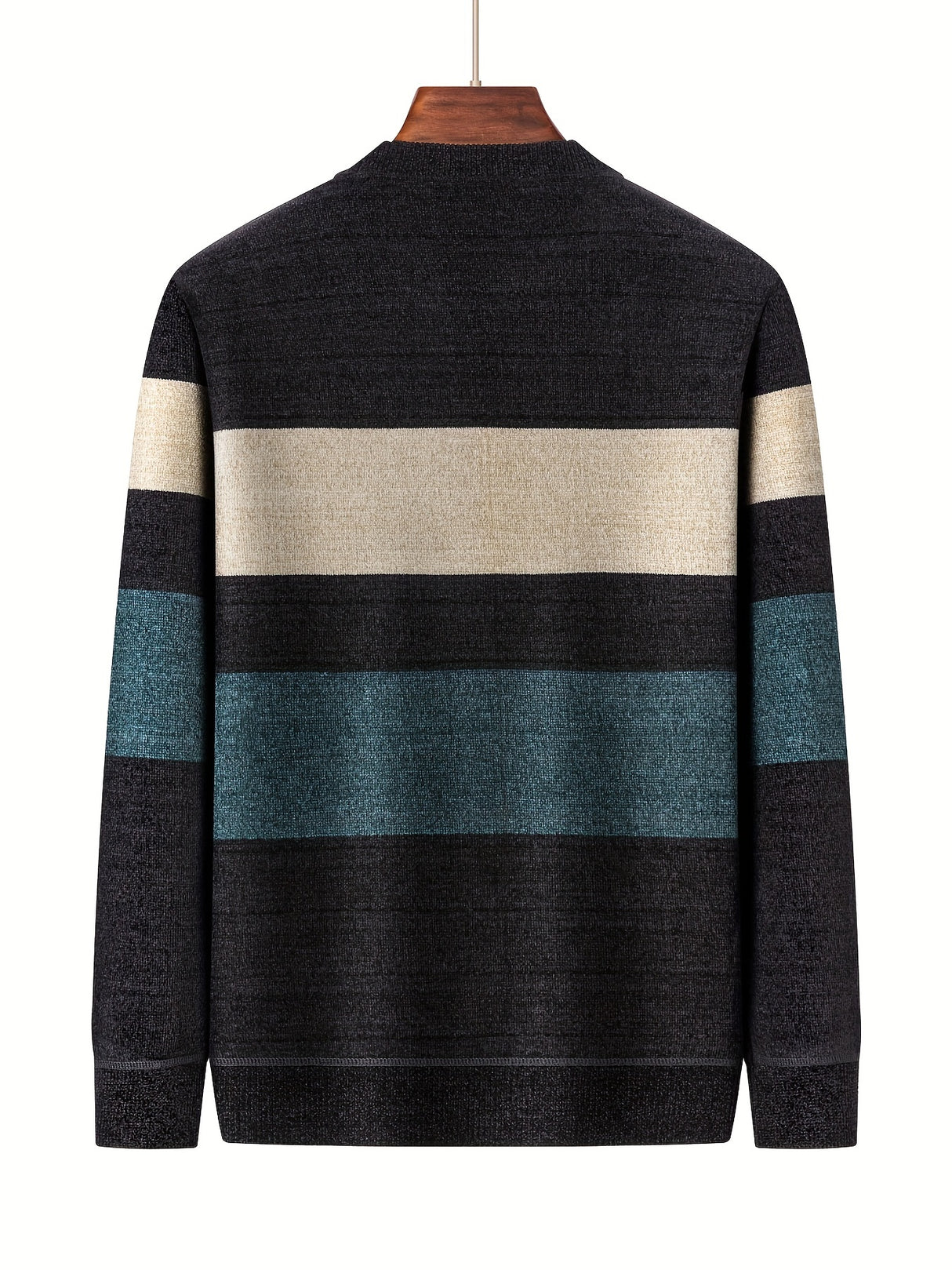 Color Block Knitted Sweater, Men's Casual Warm Mid Stretch Crew Neck Pullover Sweater For Men Fall Winter
