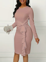 Long Sleeve Solid Ruffle Trim Belted Elegant Dress for Spring & Fall, Women's Clothing