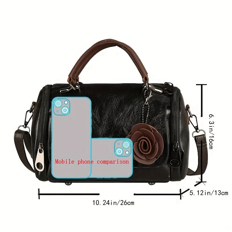 Women'S Boston Handbag with Flower Pendant, Solid Color Zippered Satchel, Polyester Lined, Painted Edges, Messenger Bag for Occasions