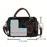Women'S Boston Handbag with Flower Pendant, Solid Color Zippered Satchel, Polyester Lined, Painted Edges, Messenger Bag for Occasions