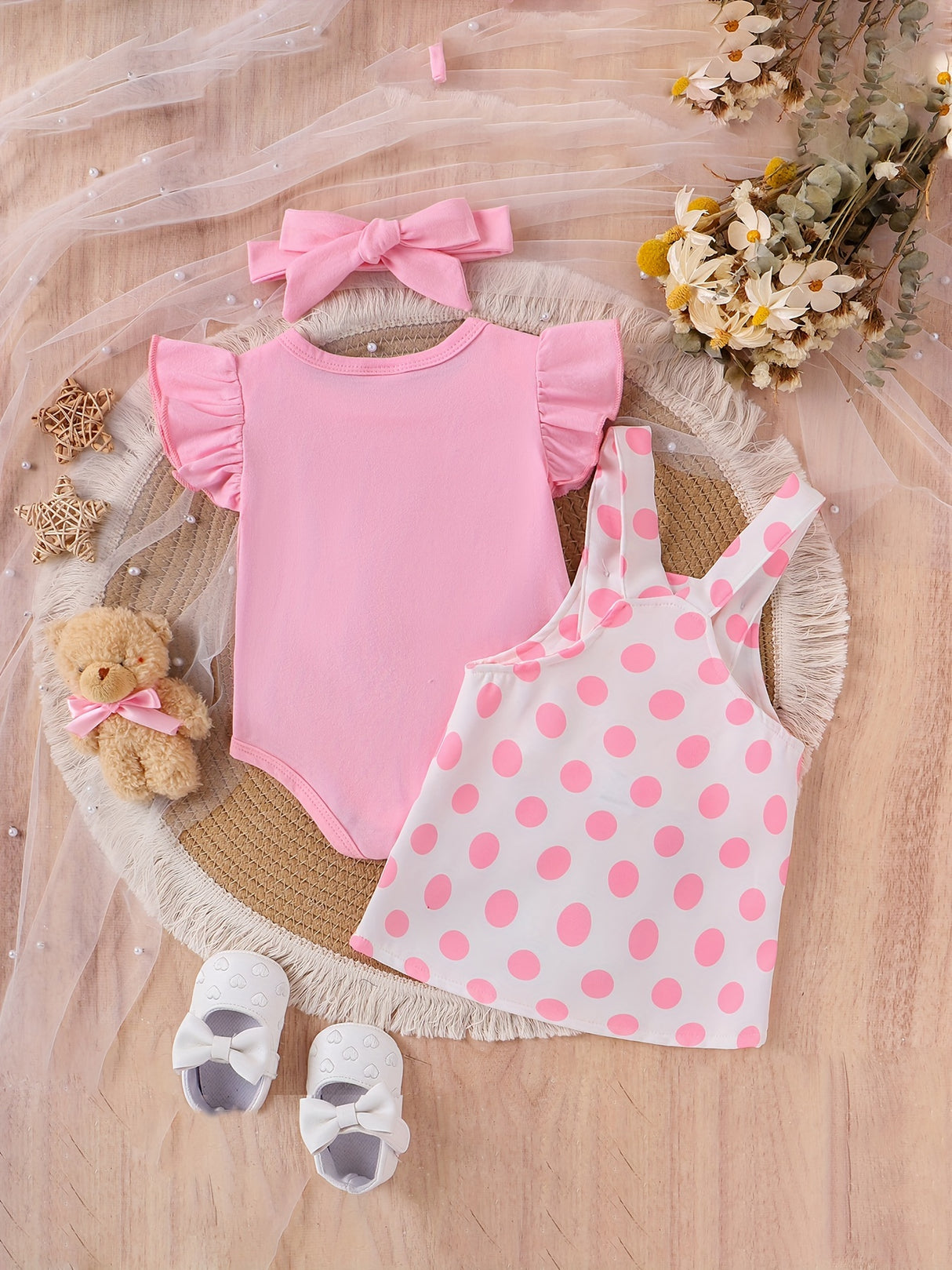 Baby Girl Outfit Summer Lace Short Sleeved + Teddy Bear Strap Skirt +Headknot 3pcs with 0-18Months