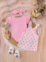 Baby Girl Outfit Summer Lace Short Sleeved + Teddy Bear Strap Skirt +Headknot 3pcs with 0-18Months