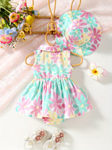 2 pieces of baby girl summer new floral full print lapel cardigan sleeveless jumpsuit+beach sun hat set