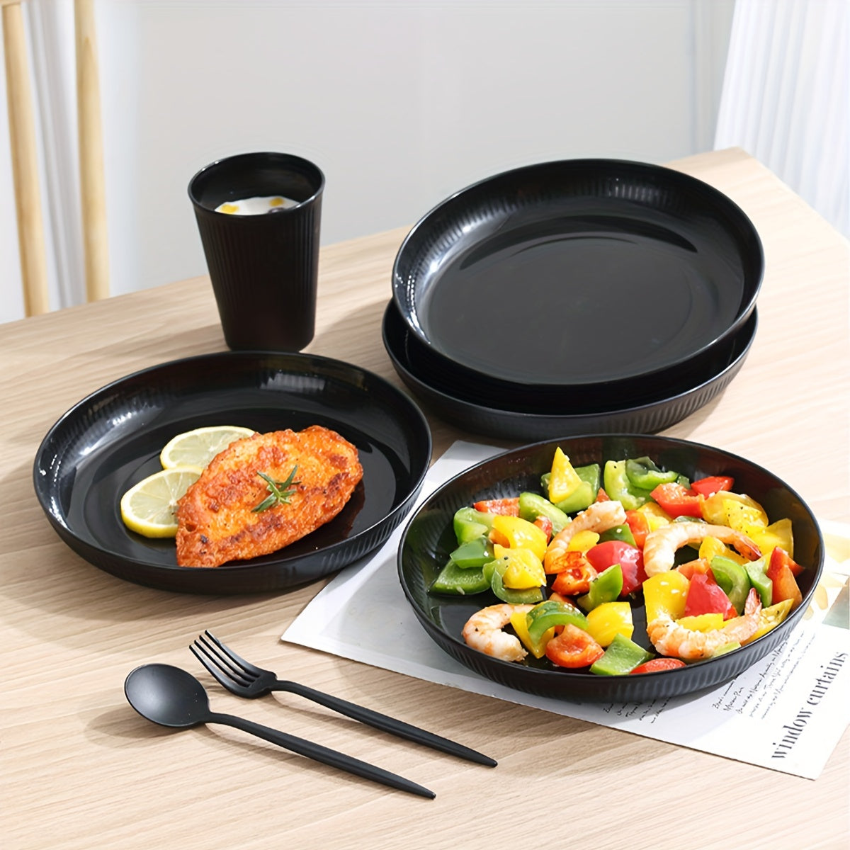 32pcs Modern Plastic Dinnerware Set - Round Tableware with Holiday Theme, Includes Plates, Bowls, Cups, Knives, Forks, Spoons, Chopsticks - Durable, Anti-Fall Design for Home, Restaurant, Outdoor Use