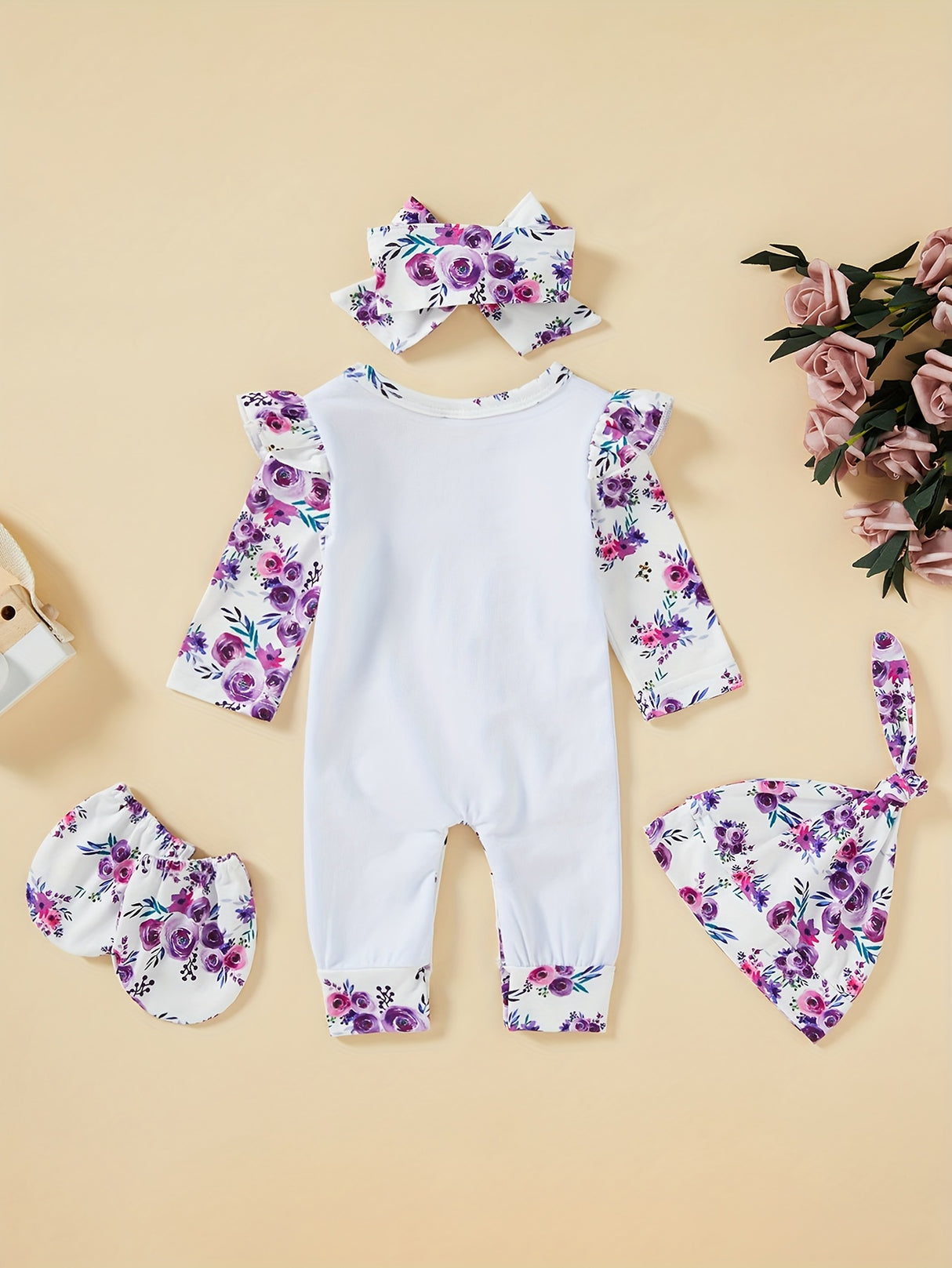 [Floral Baby Romper] Floral Newborn Baby Girl Romper | Infant Letter Print Bodysuit Jumpsuit+Hat+Headband+Gloves Coming Home Clothes Outfits
