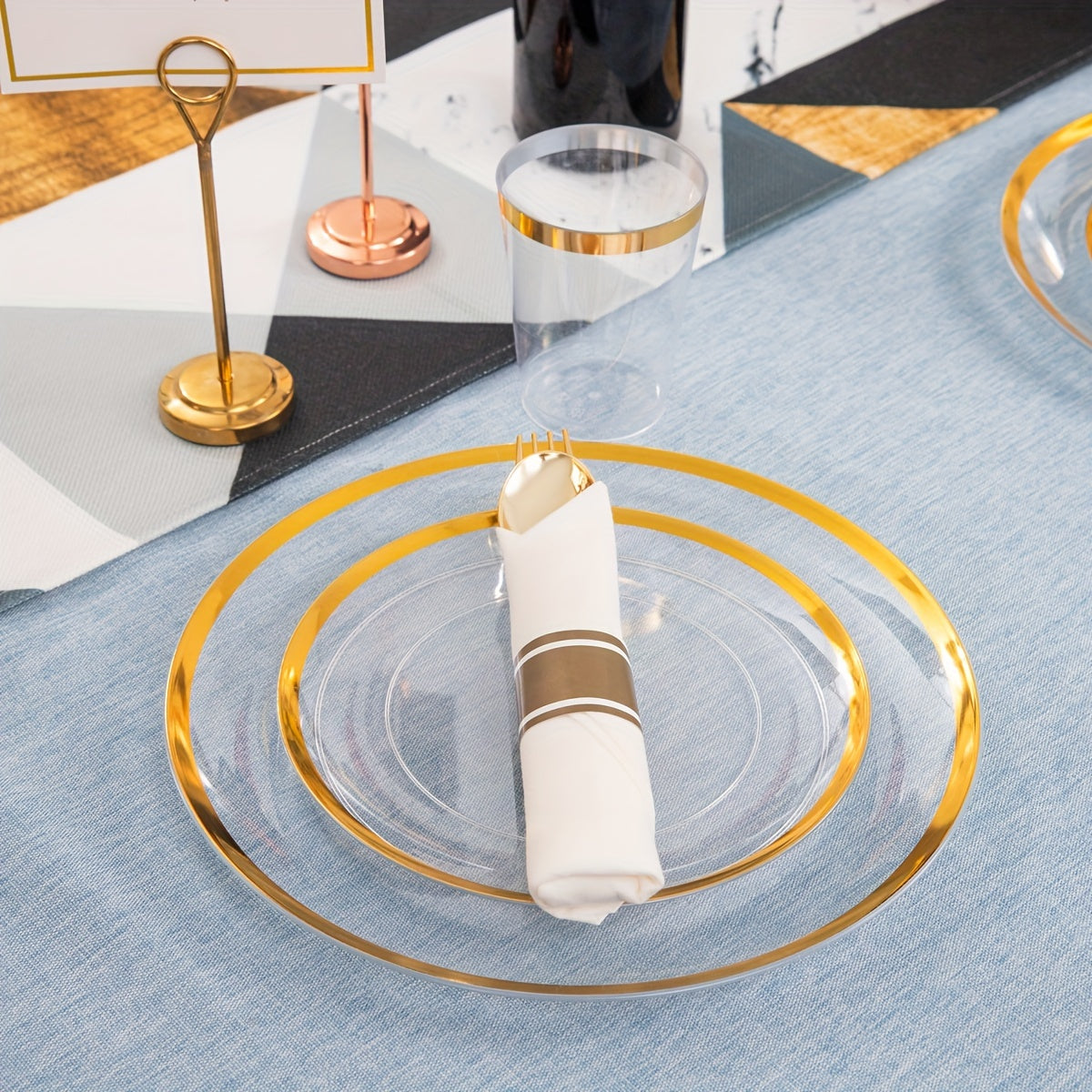840pcs Gold Plastic Dinnerware set Include Wrapped Plastic Gold Silverware, Clear and Gold Plastic Plates, Disposable Cutlery Clear Plates with Gold Trim for Parties, Birthday Gifts 120Guests