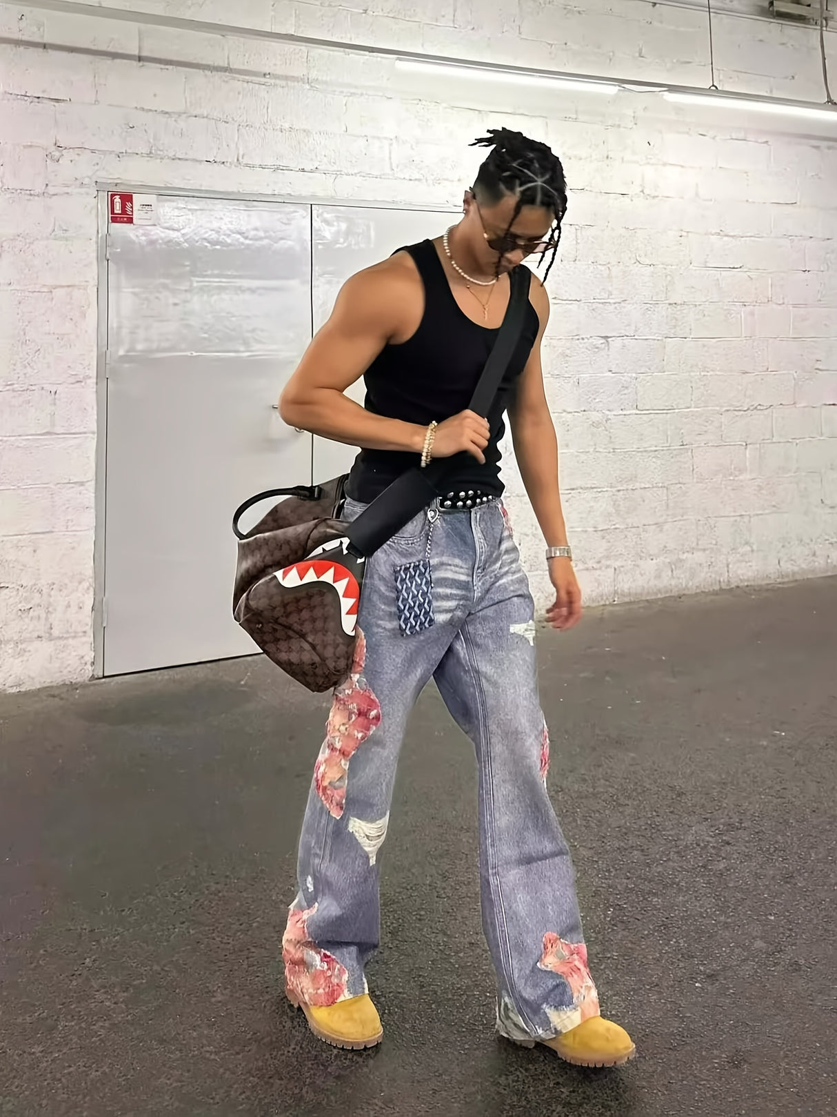 High Street Hip-hop Flared Jeans For Men And Women Summer Street Design LaceSplicing Mopping Pants