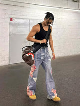 High Street Hip-hop Flared Jeans For Men And Women Summer Street Design LaceSplicing Mopping Pants