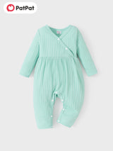PatPat Baby Girl Cute All Over Rabbit Print/Solid Ribbed V Neck Short-sleeve Jumpsuit For Summer Outdoor Wear