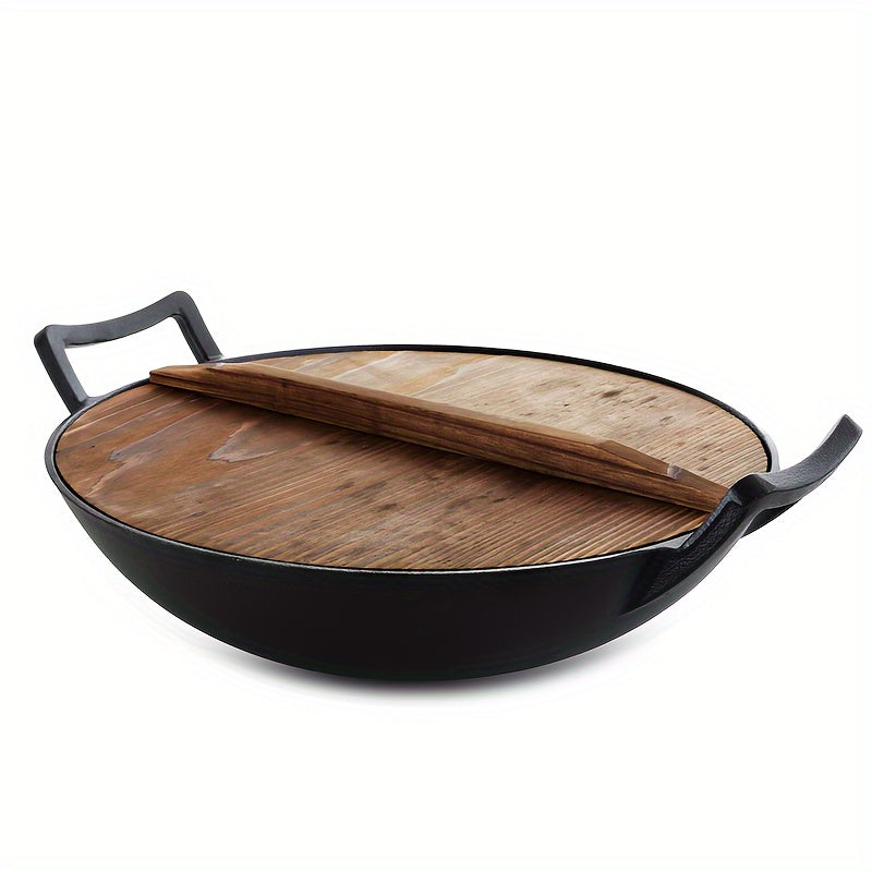 Large 14-Inch Cast Iron Wok with Wooden Lid - Perfect for Big Families and Social Gatherings, Durable, Heat-Resistant, and Non-Stick Cooking Surface
