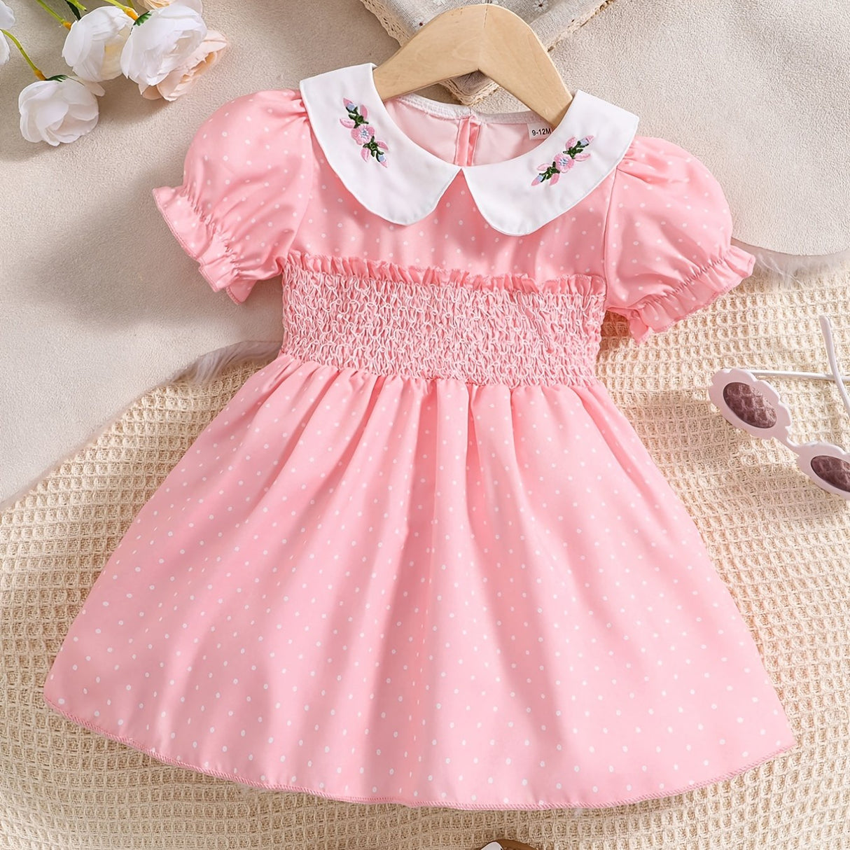 Stylish & Cute Polka Dot Shirred Puff Sleeve Dress, Perfect For Little Girls Banquet Birthday Party Dress Up