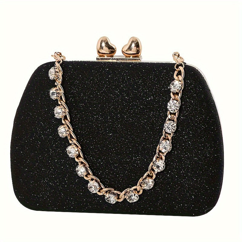 Shimmering Heart Glam Clutch Bag - Studded Chain & Metal Detail - Versatile Evening Wear for Banquets & Parties - Durable PU Material