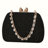 Shimmering Heart Glam Clutch Bag - Studded Chain & Metal Detail - Versatile Evening Wear for Banquets & Parties - Durable PU Material