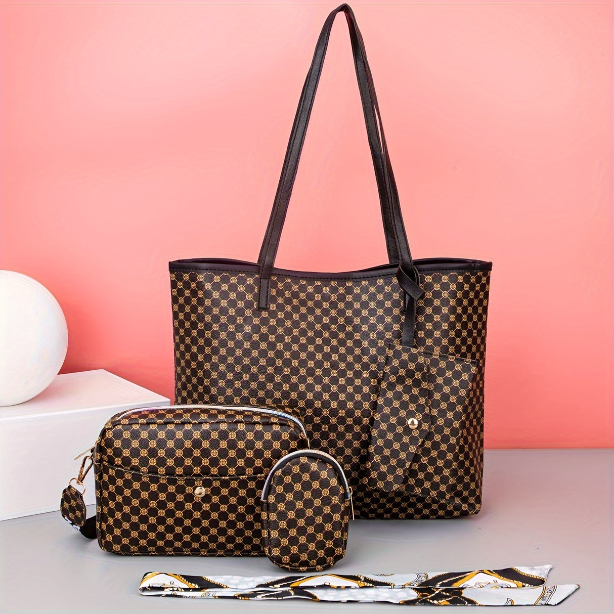 Quilted Detail Tote Bag Set: Classic Shoulder Chain Bag, Crossbody Purse with Scarf Decor
