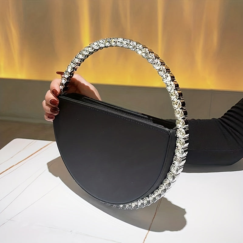 Luxurious Round Rhinestone Clutch Bag - Zipper Closure, Faux Leather Lining, Solid Color, Elegant Party Prom Wedding Handbag for Women - Trendy and Chic Evening Purse