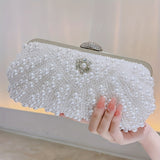 Luxurious Faux Pearl & Diamond Shell Pattern Clutch Bag - Buckle Closure, Metal Chain Strap, Polyester Lining, Solid Color, Party Perfect for Wedding, Evening Events - Elegant and Chic Handbag