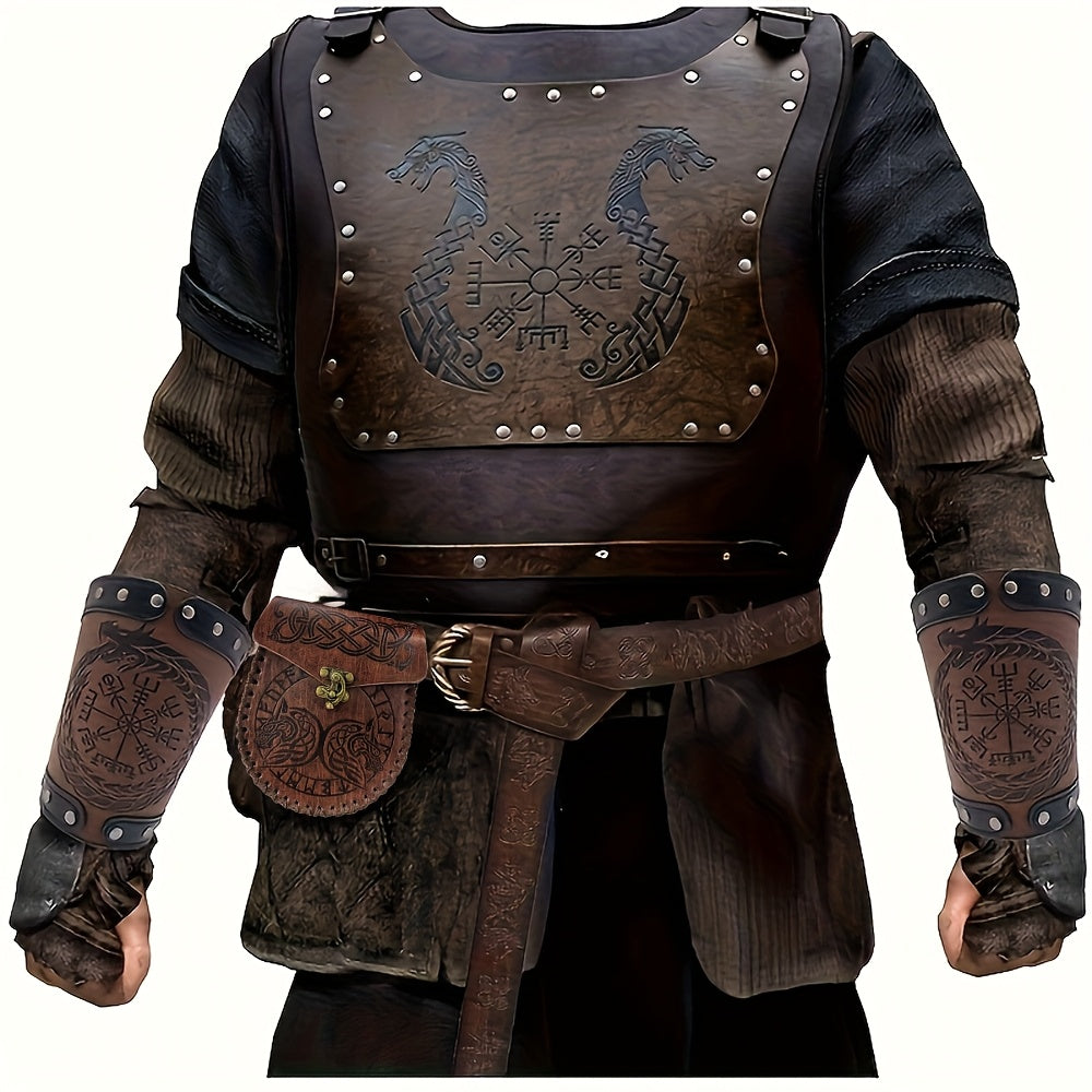 5Pcs Set Viking Fenrir Embossed Buckle Belt and Belt Bag with Viking Warrior Chest Armor and Viking Vegvisir Embossed Bracer, Retro Renaissance Faux Leather Warrior Set for Ren Faire
