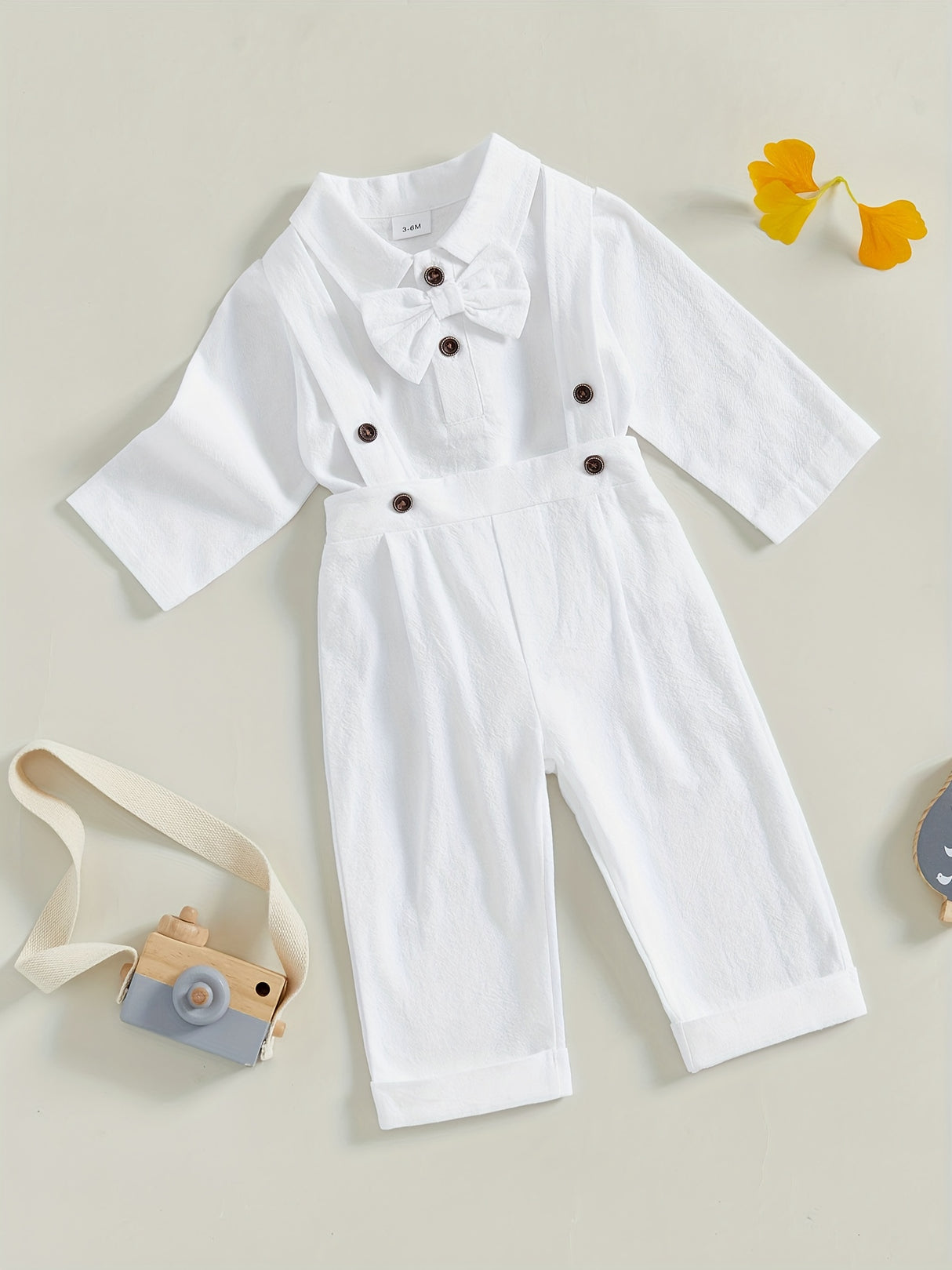 Baby Boy Gentleman Outfit Bow Tie Lapel Neck Long Sleeve Romper + Elastic Waist Suspender Pants Infant 2pcs Clothes Set for Wedding, for Outdoor