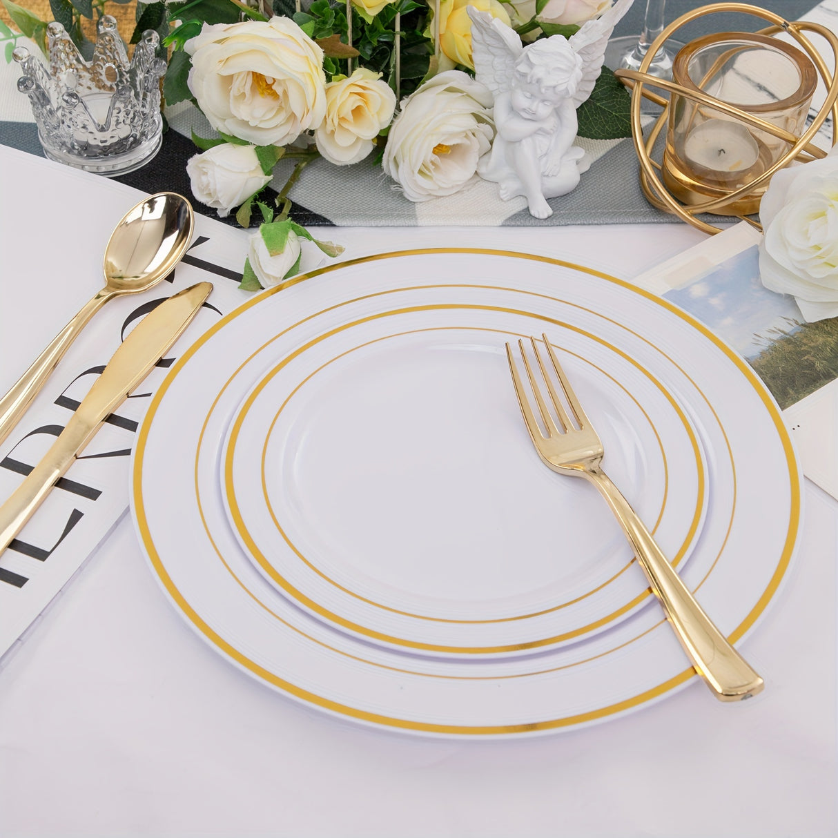 50pcs Gold Plastic Plates with Silverware, Gold Dinnerware Set Perfect for Wedding Includes: 10 Dinner Plates 10.25", 10 Salad Plates 7.5", 10 Gold Silverware Sets, White Gold Plates for Party, Holidays, Hand washable and reu