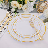 50pcs Gold Plastic Plates with Silverware, Gold Dinnerware Set Perfect for Wedding Includes: 10 Dinner Plates 10.25", 10 Salad Plates 7.5", 10 Gold Silverware Sets, White Gold Plates for Party, Holidays, Hand washable and reu