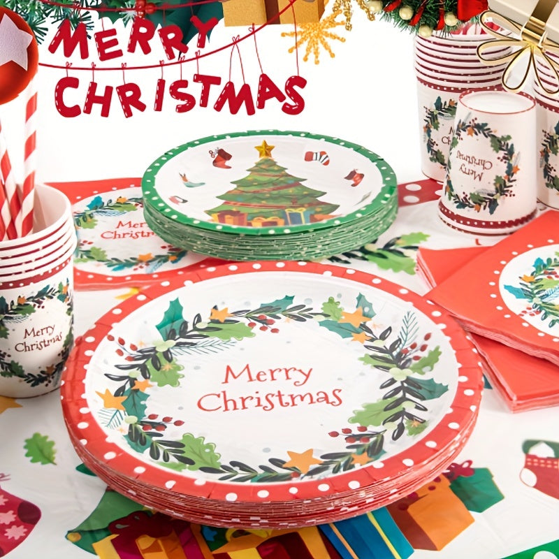 122pcs Disposable Christmas Theme Tableware, Christmas Party Decoration With Paper Plates, Napkins, Paper Cups, Straws, Tablecloths And Flags, Xmas Holiday Theme Tableware Supplies& Decoration (Mistletoe Pattern, For 24 Peopl
