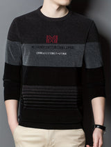 All Match Knitted Color Block Sweater, Men's Casual Warm High Stretch Crew Neck Pullover Sweater For Men Fall Winter