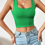 Chic Square Neck Crop Top for Women - Versatile, Medium Stretch, Non-Sheer Casual Wear, Perfect Year-Round Fashion