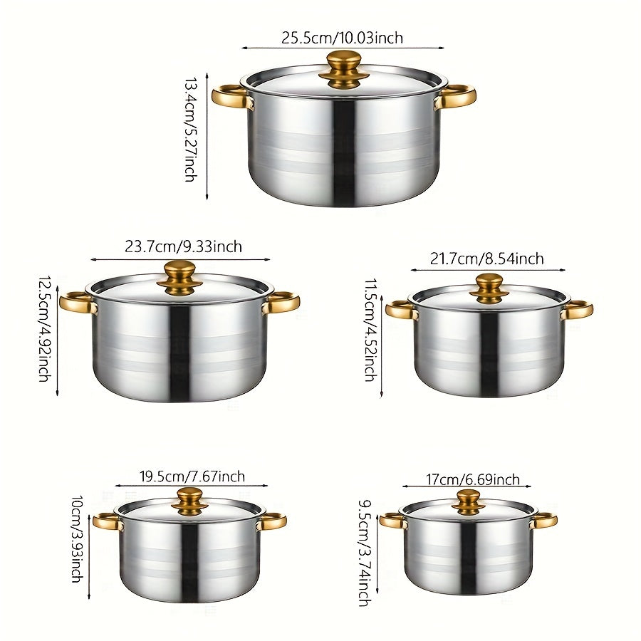TAUFIKT 10pcs Set Of Stainless Steel Pots, Specifications Are 6.69/7.68/8.54/9.33/10.04inch, Stainless Steel Cooking Pot, 5 Pots + 5 Pot Lids, Suitable for Induction Cookers And Gas Stoves, Stainless Steel Double Handle with