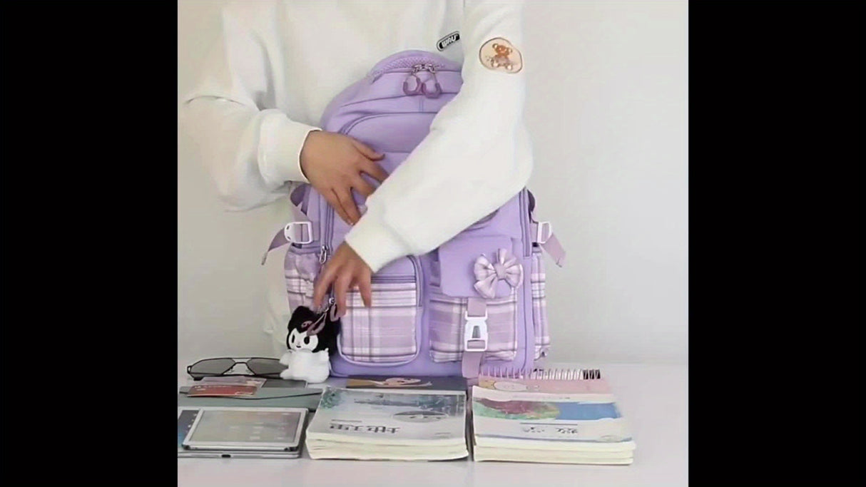 Sanrio Hello Kitty Backpack with 2 Free Hairpins - Large Capacity Laptop Backpack, Lightweight School Bag with Adjustable Straps & Zipper Closure, Cute Purple Plaid & Hello Kitty Prints, Gift for Girls, Birthday, Sanrio Fans