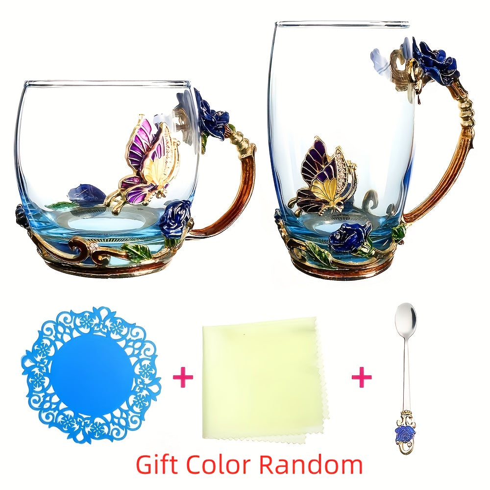 1pc Delicate Rose Enamel Butterfly Painted Clear Glass Tea Cup Coffee Mug Tumbler with Spoon Set - Lead-Free, Reusable, Hand Wash Only, Round Shape, Multipurpose, Perfect for Valentines Day Gift