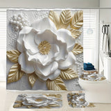 1/4pcs Luxurious 3D Floral Pattern Shower Curtain Set - Waterproof, Non-Slip, Easy-to-Clean Bathroom Essentials with 12 Hooks, U-Shape Toilet Mat, Toilet Lid Cover Pad - Complete Bathroom Decor Solution for a Relaxing Oasis