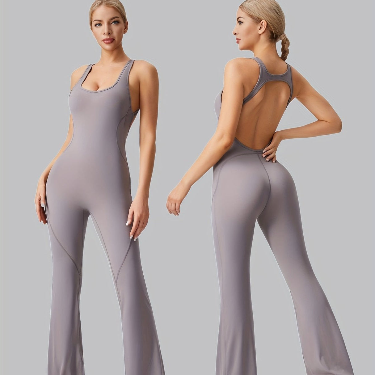 [Removable Padded Bra Workout Jumpsuits] Women Workout Fashion Flare Sleeveless Jumpsuits with Removable Padded Bra Hight Stretch Sportswear for Outdoor Activities (Black Brown Linen Dark blue)